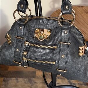 Betsey Johnson Y2K Black Leather Satchel • Gold Studs • Quilted Lining
